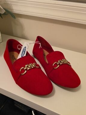 Old Navy Red Suede-Look Loafers with Gold Chain Accent